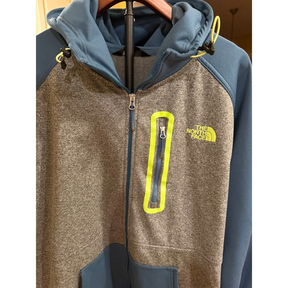 The North Face Mens Full Zip Hoodie Grey Blue Neon Yellow Logo Fleece Jacket